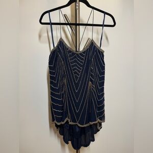Free People Navy Chiffon spaghetti strap beaded detail cami/top size L.